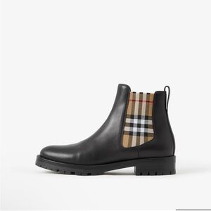 New! Black Leather Chelsea Boots with Plaid Accent